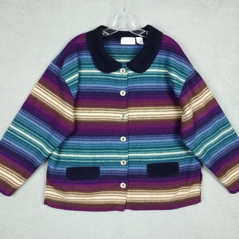 Christopher & Banks Womens Fleece Jacket Striped Blue Purple Green Button Up XL